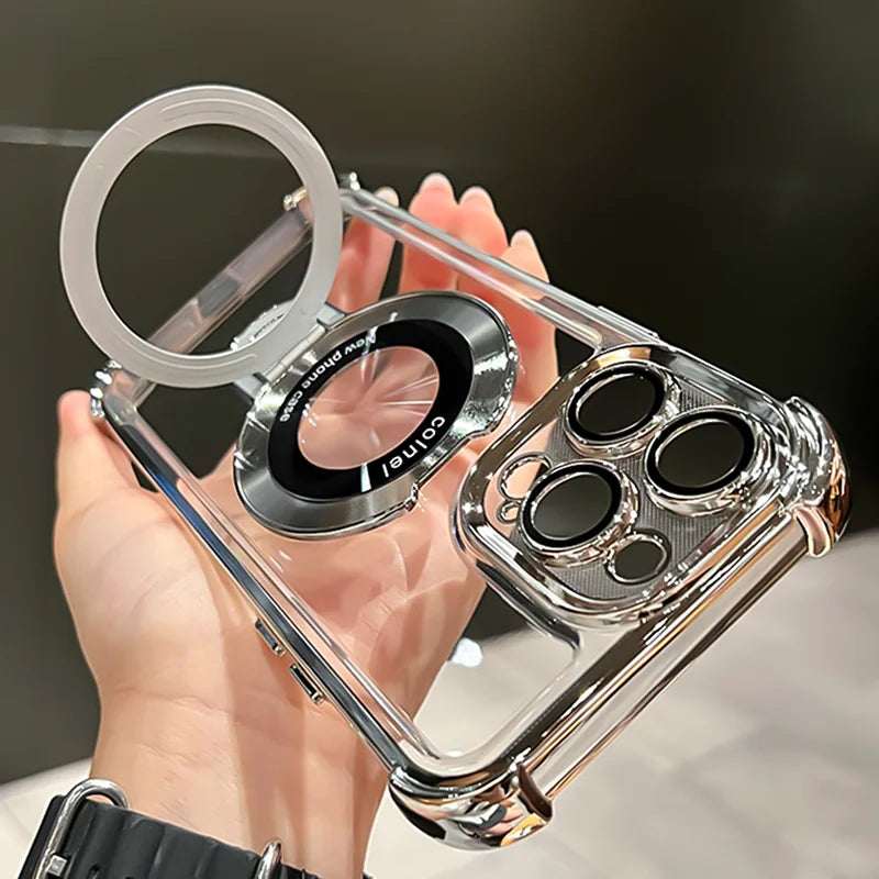 Luxury Plating Transparent Magnetic Case for iPhone 11–17 Series | MagSafe Compatible Ring Holder Cover