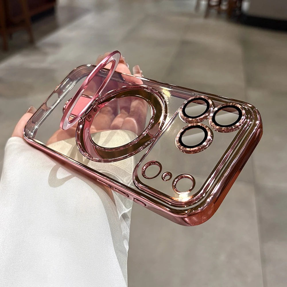Luxury Transparent Plating Magnetic Case for iPhone 11–17 Series | MagSafe Compatible Ring Stand Cover