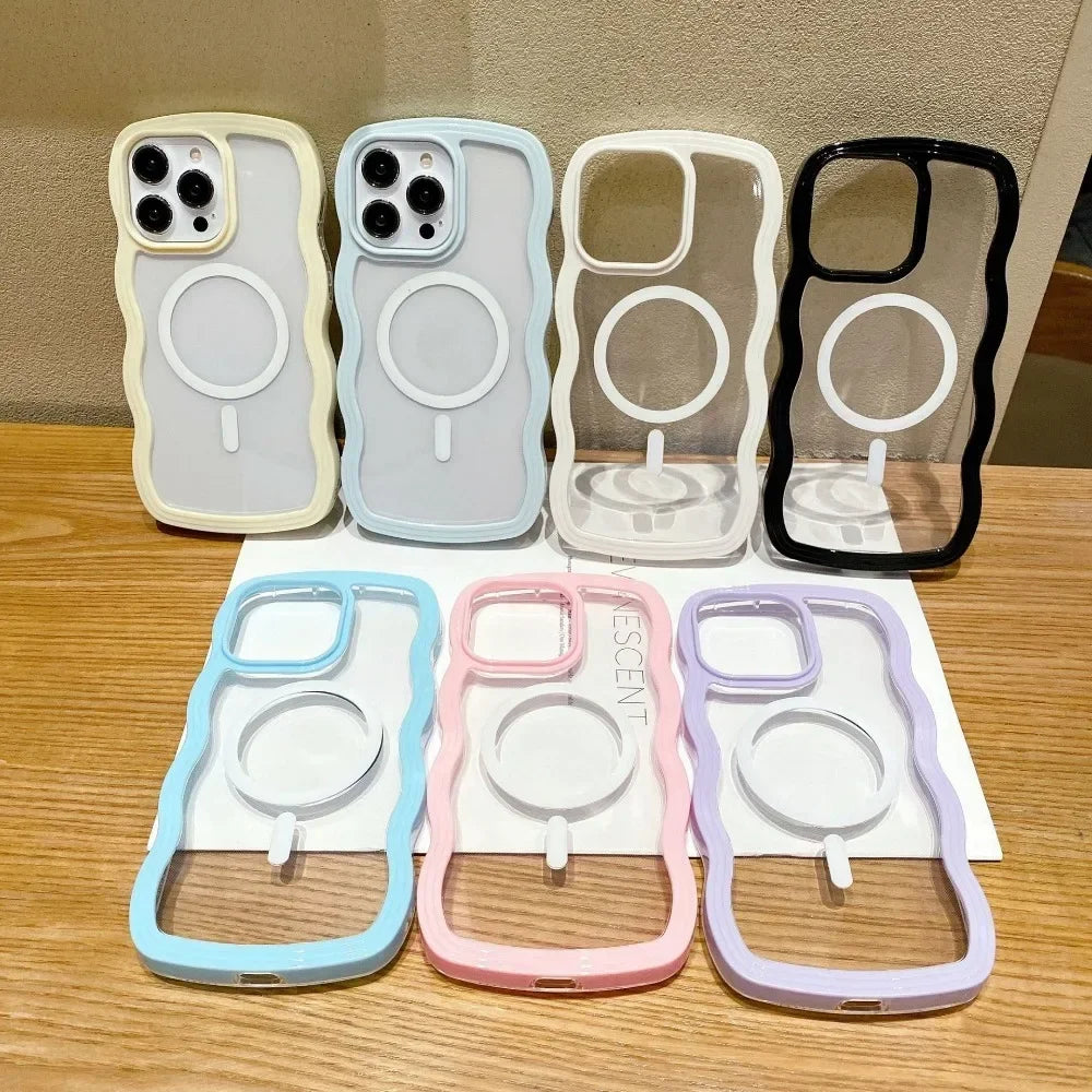 Cute Transparent Magnetic Case for iPhone 11–17 Series | MagSafe Compatible Wave Frame Protection Cover