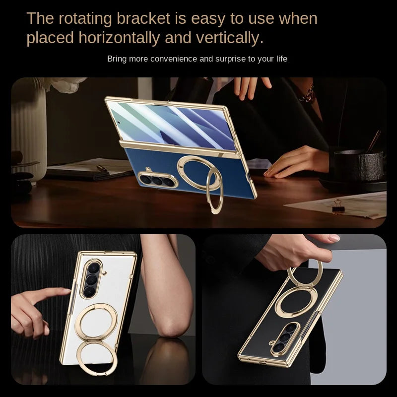 Luxury PU Leather Case for Samsung Galaxy Z Fold 7 | Ring Stand & Magnetic Wireless Charging