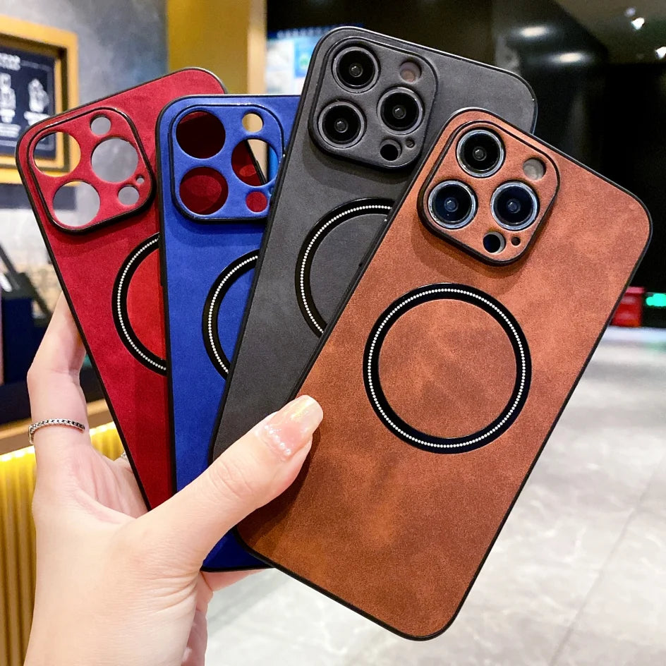 Luxury Sheepskin Magnetic Case for iPhone 11–17 Series | MagSafe Compatible Wireless Charger Cover