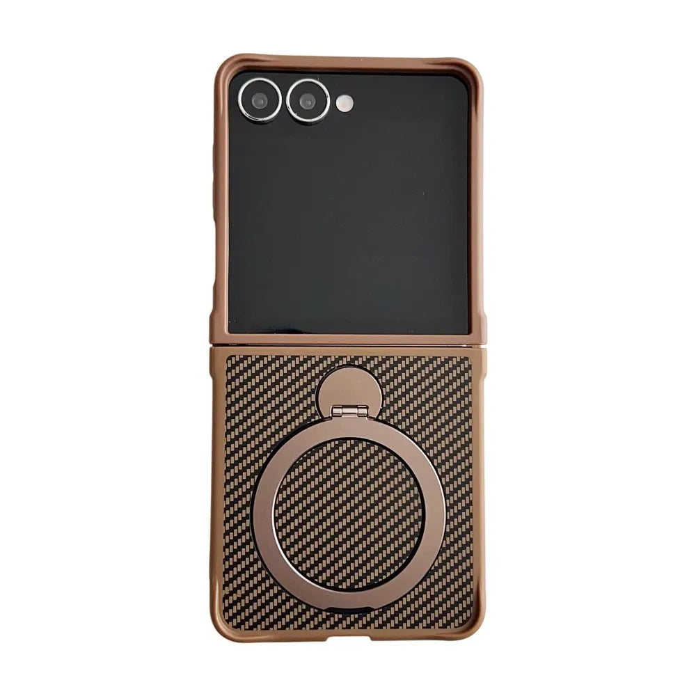 Samsung Galaxy Z Flip 7 Case | Hard Carbon Fiber Magnetic Ring Stand Full-Coverage Protective Case
