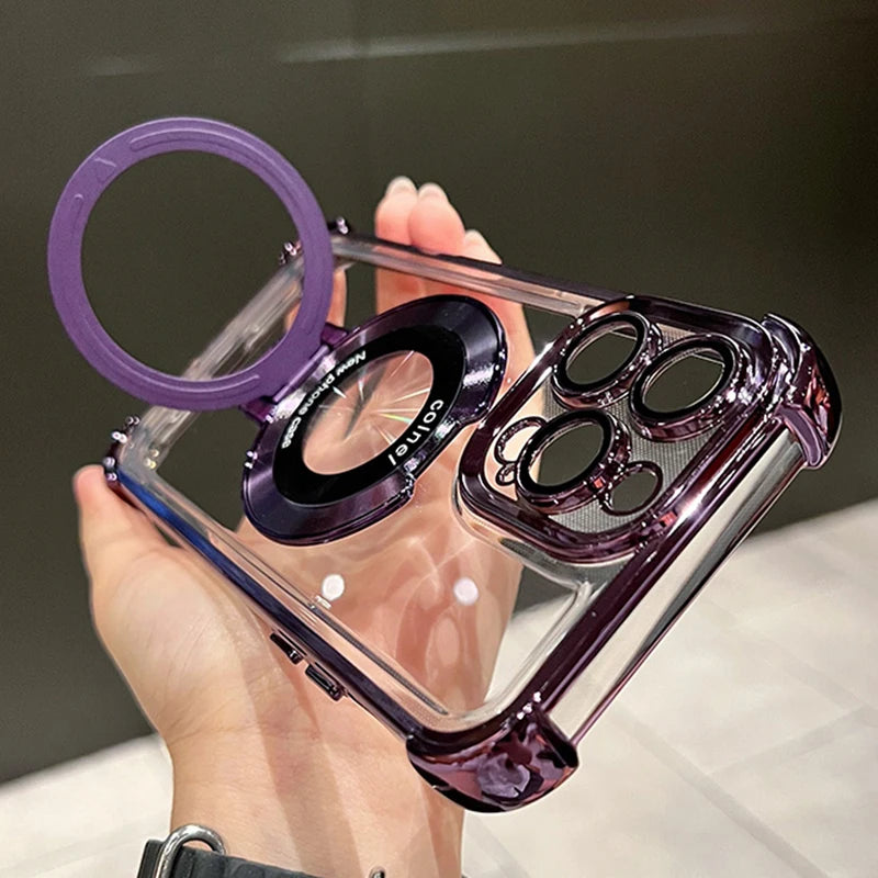 Luxury Plating Transparent Magnetic Case for iPhone 11–17 Series | MagSafe Compatible Ring Holder Cover