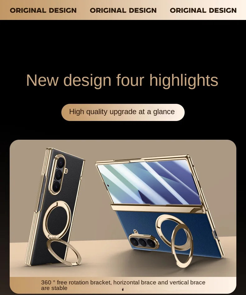 Luxury PU Leather Case for Samsung Galaxy Z Fold 7 | Ring Stand & Magnetic Wireless Charging
