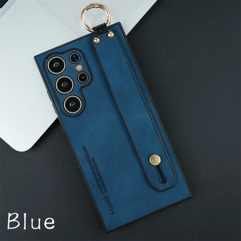 Luxury Leather Wristband Bracket Case for Samsung S21-S25 Ultra | Sheepskin Silicone Protector