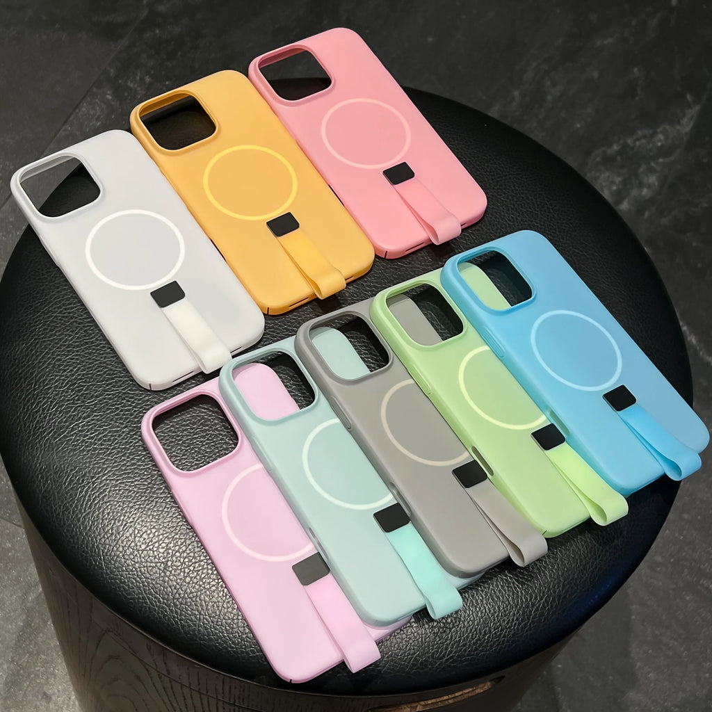 Luxury Candy Wrist Strap Case for iPhone 12–17 Series | MagSafe Compatible Hard PC Protector Cover