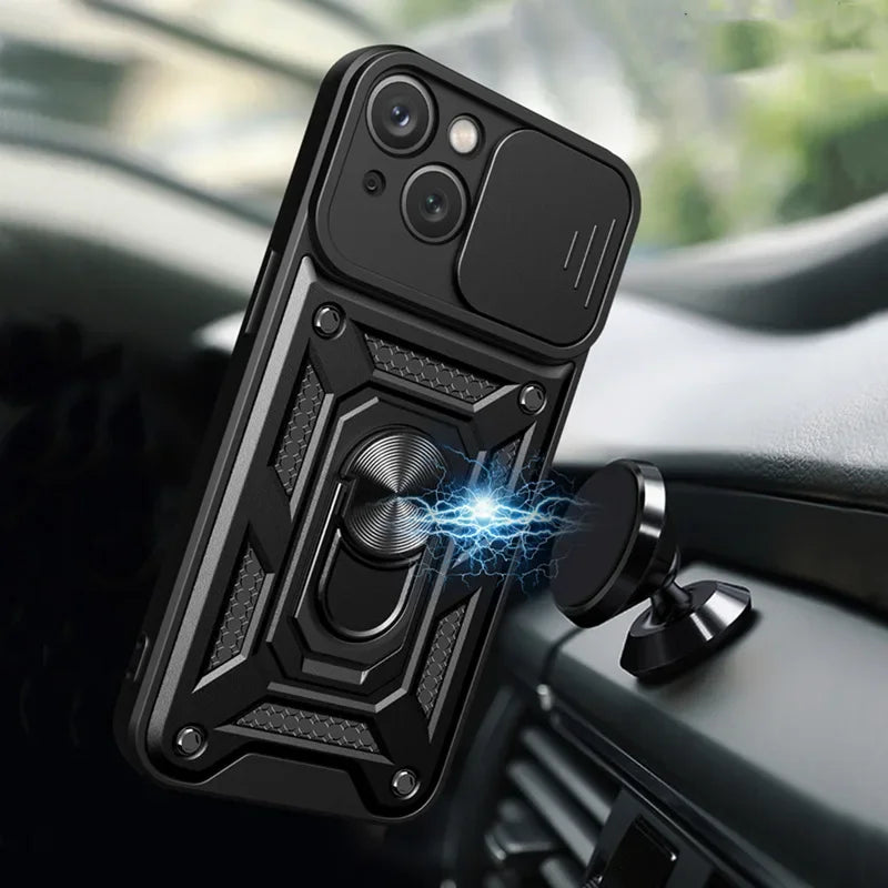 Magnetic Dual-Layer Phone Case with Ring & Kickstand | Anti-Scratch & Dustproof for iPhone