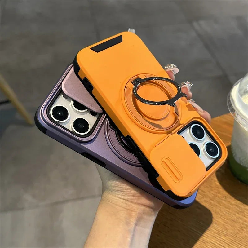 360 Rotating Hidden Metal Ring Stand Phone Case For iPhone 16 11 13 12 15 Pro Max 15 16 Plus 17 Air Slide Camera Protector Cover