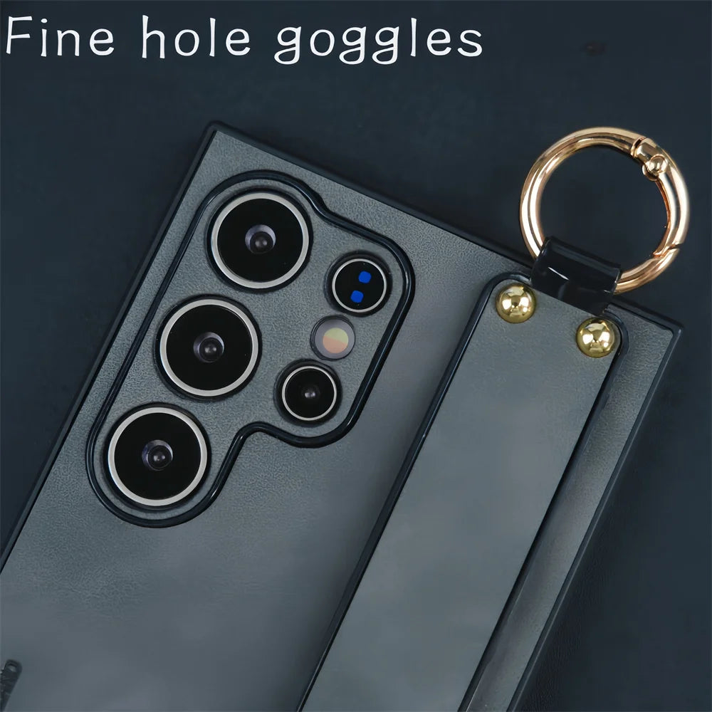 Luxury Leather Wristband Bracket Case for Samsung S21-S25 Ultra | Sheepskin Silicone Protector