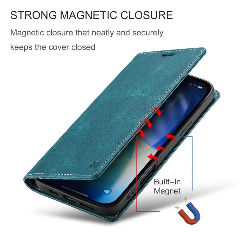 Retro PU Leather Wallet Phone Case | Magnetic Flip, Card & Cash Slot, Shockproof for iPhone