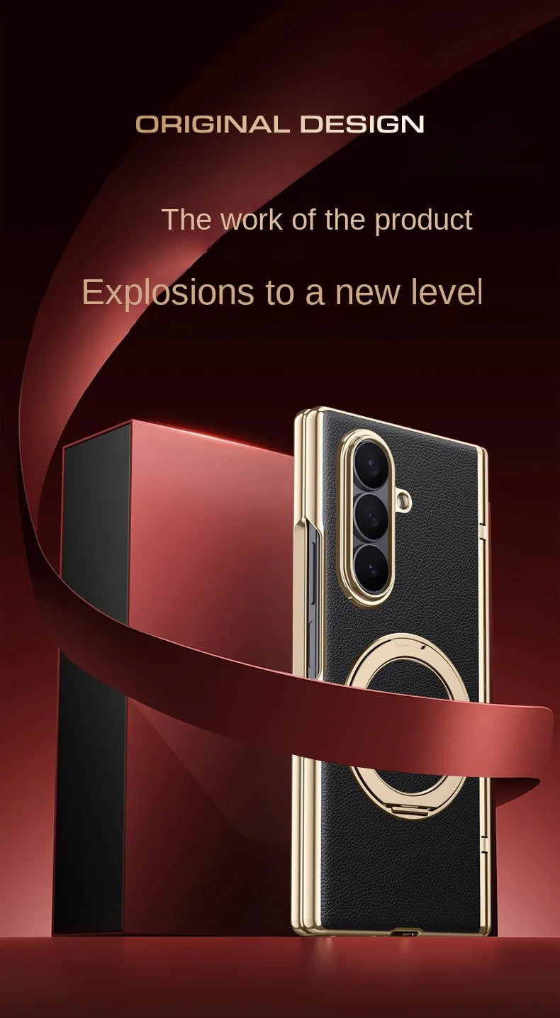 Luxury PU Leather Case for Samsung Galaxy Z Fold 7 | Ring Stand & Magnetic Wireless Charging