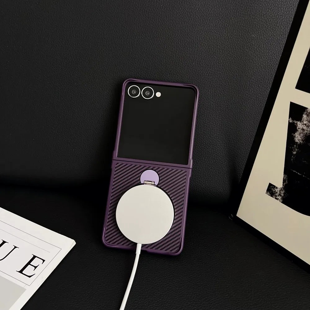 Samsung Galaxy Z Flip 7 Case | Hard Carbon Fiber Magnetic Ring Stand Full-Coverage Protective Case