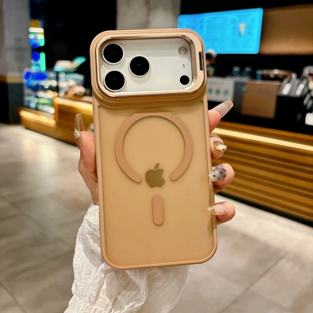 Translucent Matte Magnetic Case for iPhone 11–17 Series | MagSafe Compatible Camera Protector & Metal Stand Cover