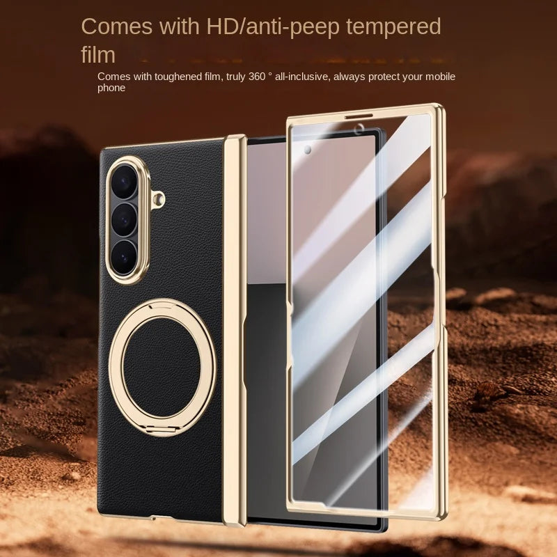 Luxury PU Leather Case for Samsung Galaxy Z Fold 7 | Ring Stand & Magnetic Wireless Charging