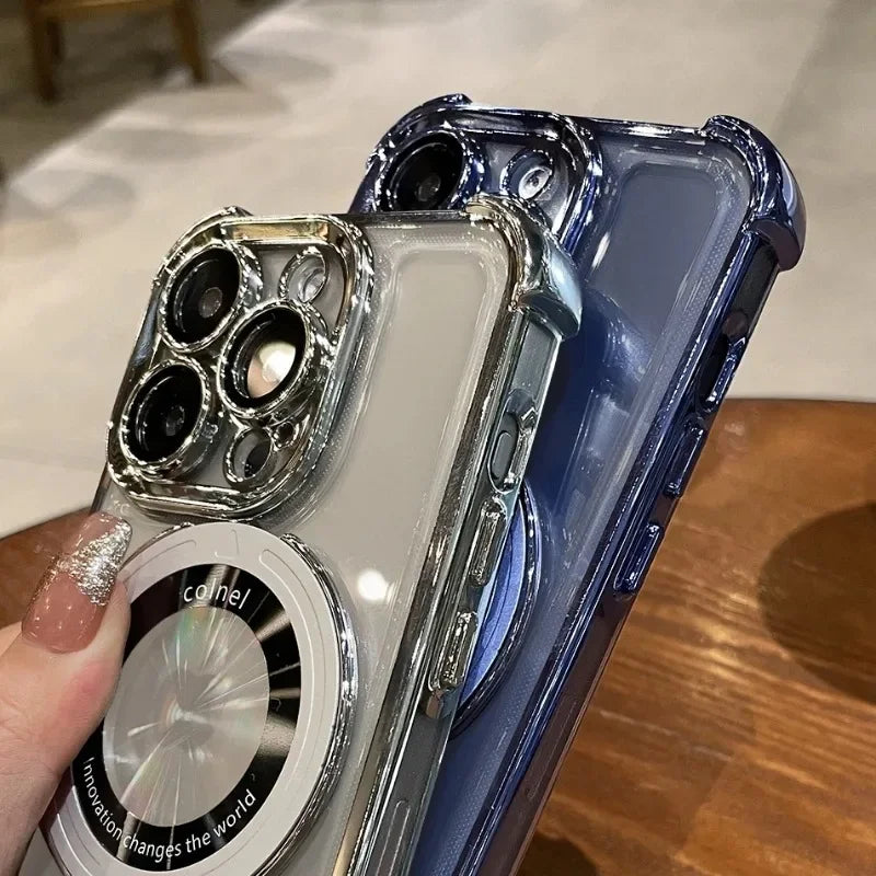 Luxury Plating Transparent Magnetic Case for iPhone 11–17 Series | MagSafe Compatible Ring Holder Cover