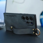 Luxury Leather Wristband Bracket Case for Samsung S21-S25 Ultra | Sheepskin Silicone Protector