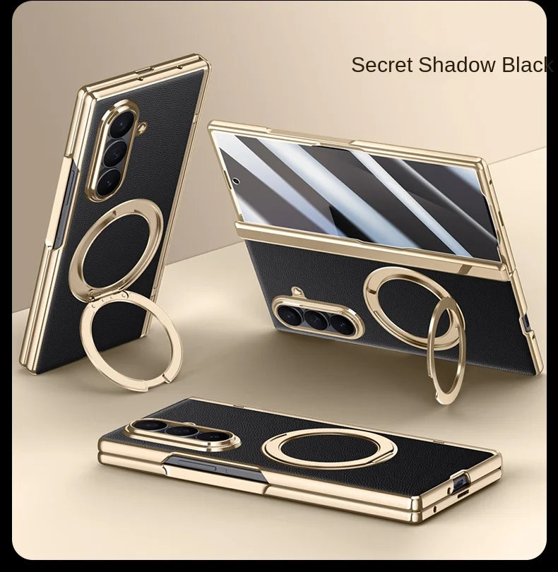 Luxury PU Leather Case for Samsung Galaxy Z Fold 7 | Ring Stand & Magnetic Wireless Charging