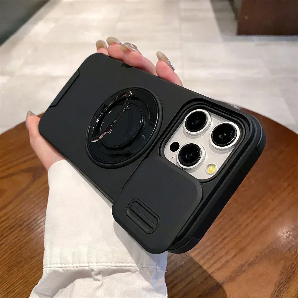 360 Rotating Hidden Metal Ring Stand Phone Case For iPhone 16 11 13 12 15 Pro Max 15 16 Plus 17 Air Slide Camera Protector Cover