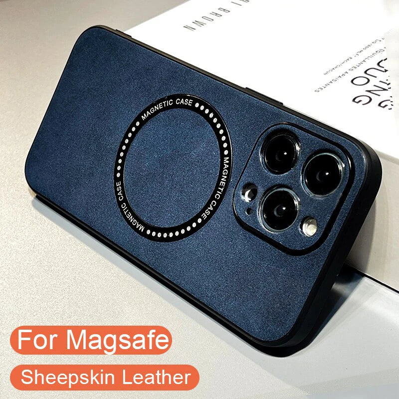 Luxury Sheepskin Magnetic Case for iPhone 11–17 Series | MagSafe Compatible Wireless Charger Cover