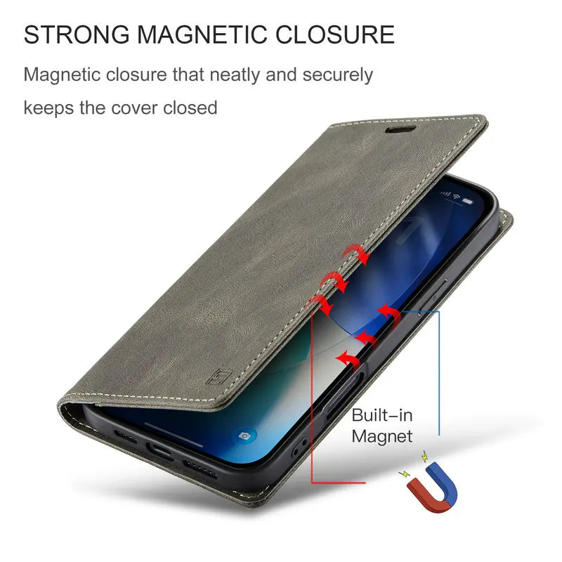 Retro PU Leather Wallet Phone Case | Magnetic Flip, Card & Cash Slot, Shockproof for iPhone