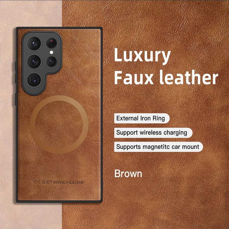 Classic Leather Case for Samsung S21-S25 Series | Magnetic Charging Compatible Protector