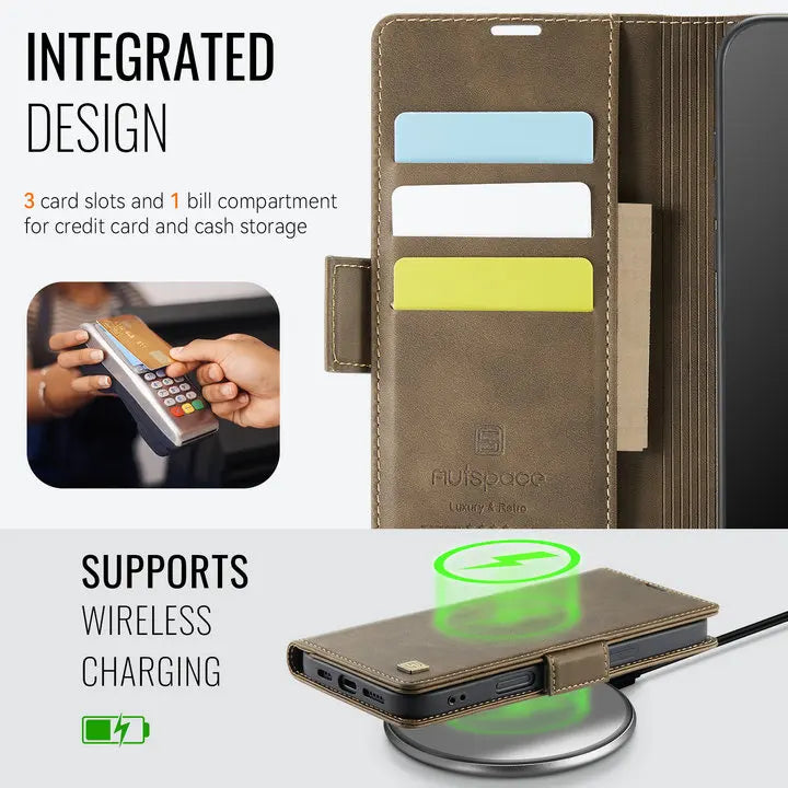 Luxury Magnetic PU Leather Wallet Case with Card & Cash Slots | Shockproof Flip Cover for iPhone
