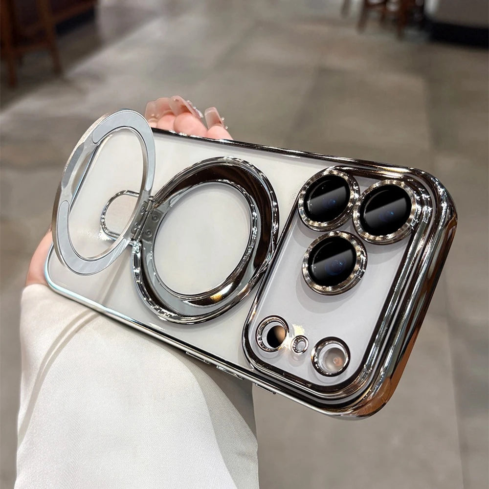 Luxury Transparent Plating Magnetic Case for iPhone 11–17 Series | MagSafe Compatible Ring Stand Cover
