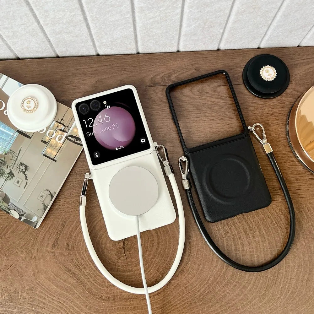 Samsung Galaxy Z Flip 7 Case | Luxury PU Leather Lanyard Magnetic Full-Coverage Protective Case