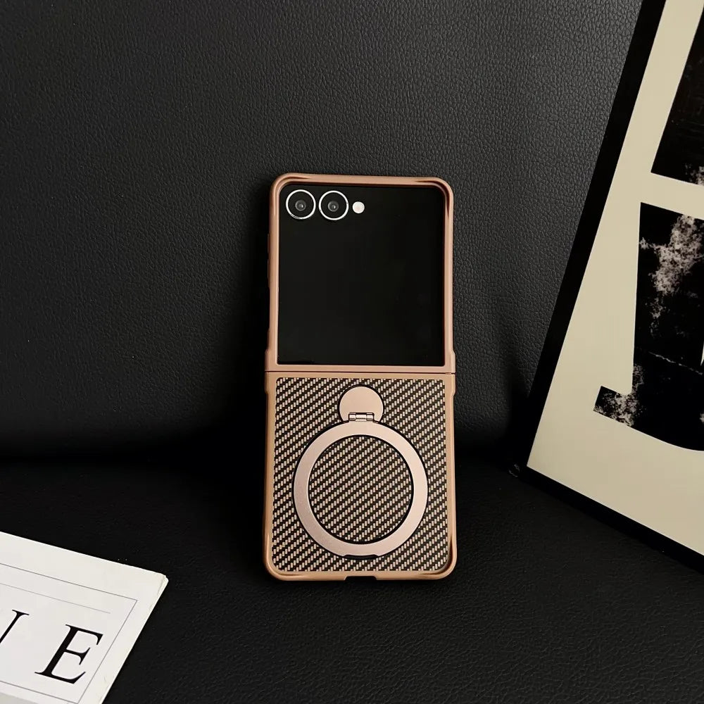 Samsung Galaxy Z Flip 7 Case | Hard Carbon Fiber Magnetic Ring Stand Full-Coverage Protective Case