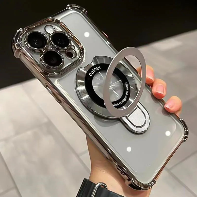 Luxury Plating Transparent Magnetic Case for iPhone 11–17 Series | MagSafe Compatible Ring Holder Cover