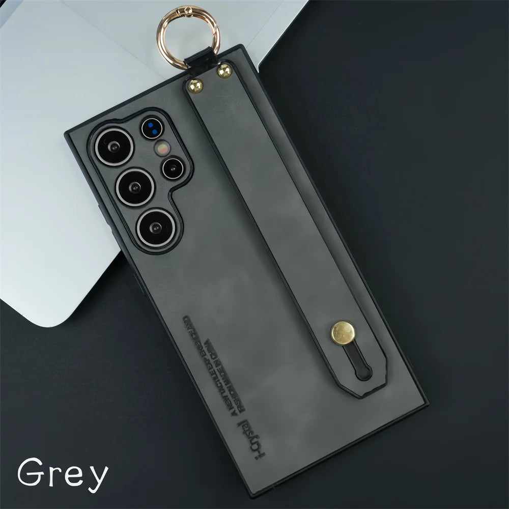 Luxury Leather Wristband Bracket Case for Samsung S21-S25 Ultra | Sheepskin Silicone Protector