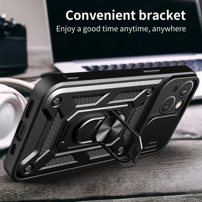 Magnetic Dual-Layer Phone Case with Ring & Kickstand | Anti-Scratch & Dustproof for iPhone
