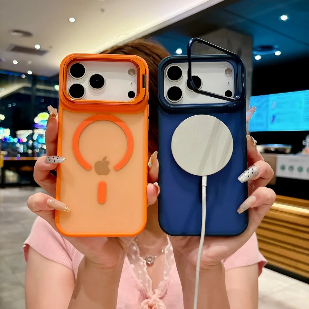 Translucent Matte Magnetic Case for iPhone 11–17 Series | MagSafe Compatible Camera Protector & Metal Stand Cover