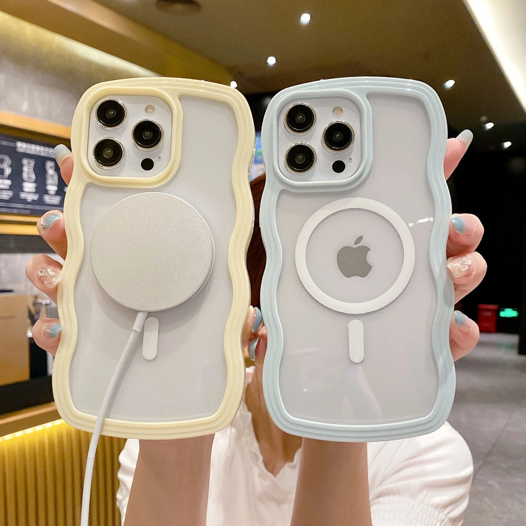Cute Transparent Magnetic Case for iPhone 11–17 Series | MagSafe Compatible Wave Frame Protection Cover