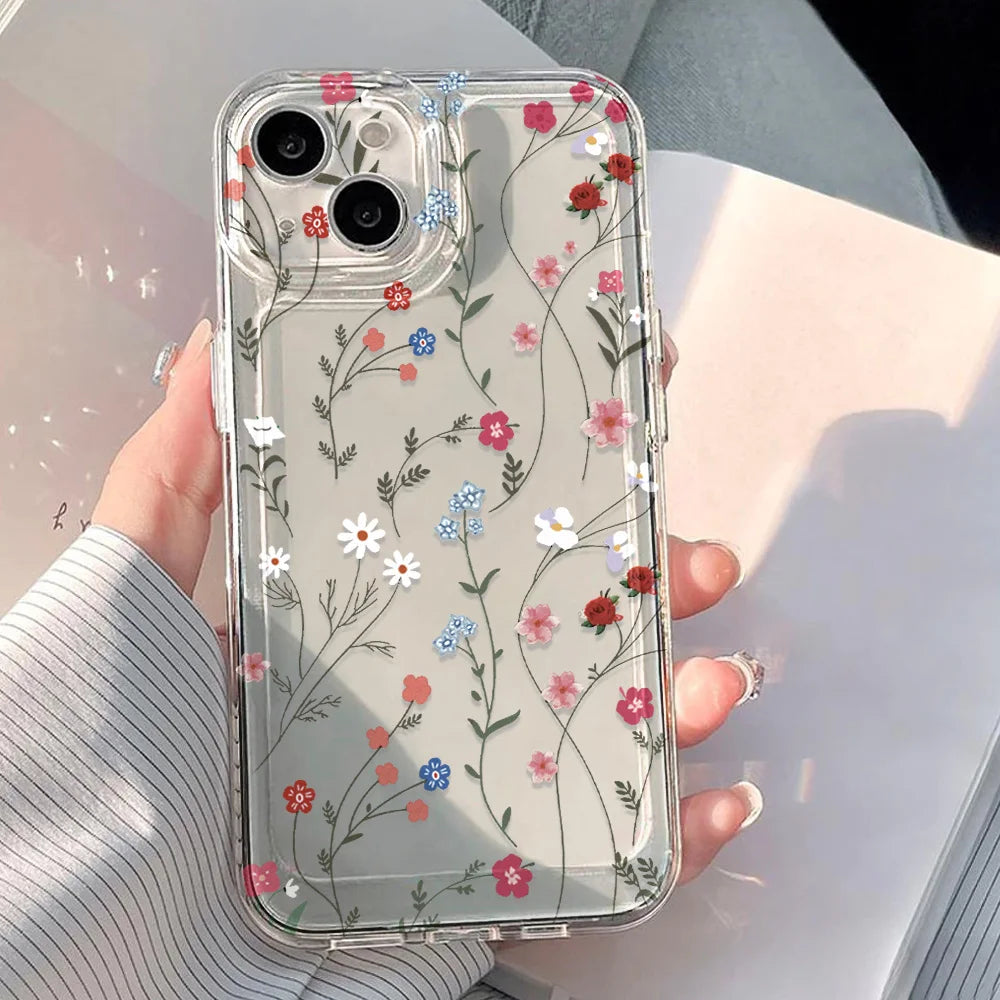 Vintage Floral Transparent Phone Case for iPhone 11–17 Series | Shockproof Soft TPU Clear Ins Flower Cover with Camera Protection