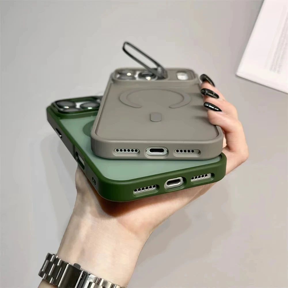 Translucent Matte Phone Case for iPhone 11–17 Series | MagSafe Compatible Camera Stand & Lens Glass Protector