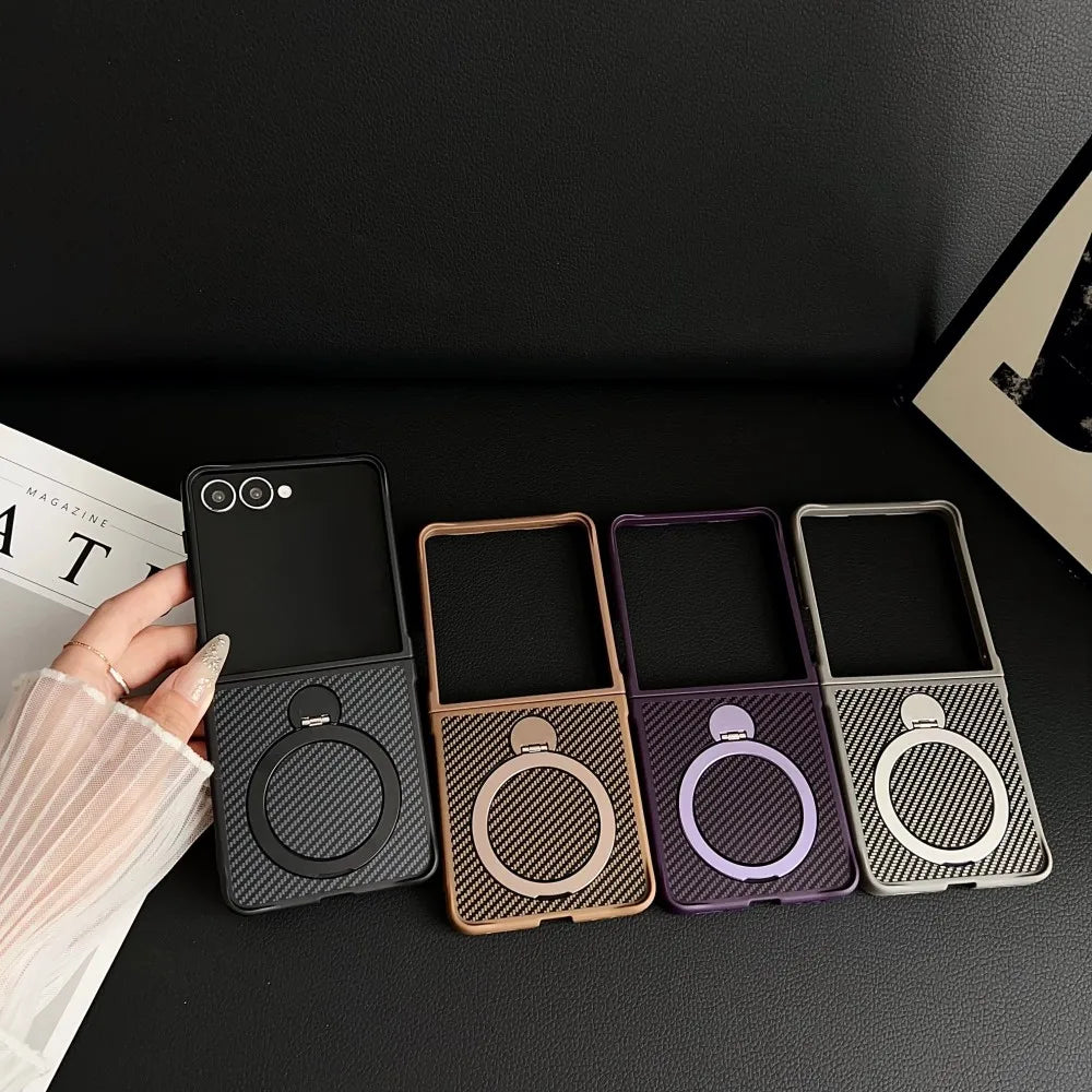 Samsung Galaxy Z Flip 7 Case | Hard Carbon Fiber Magnetic Ring Stand Full-Coverage Protective Case