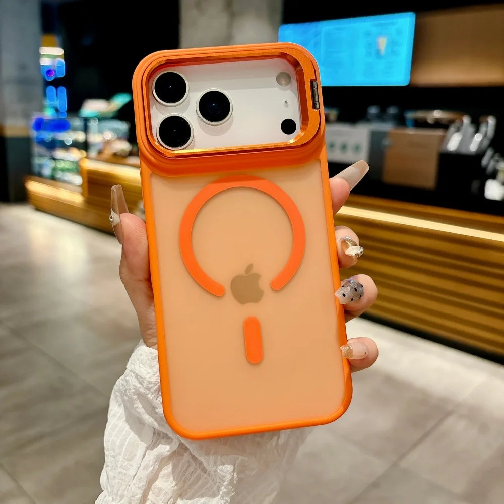 Translucent Matte Magnetic Case for iPhone 11–17 Series | MagSafe Compatible Camera Protector & Metal Stand Cover