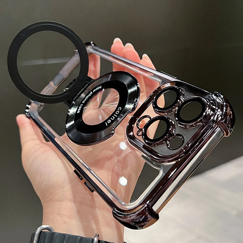 Luxury Plating Transparent Magnetic Case for iPhone 11–17 Series | MagSafe Compatible Ring Holder Cover