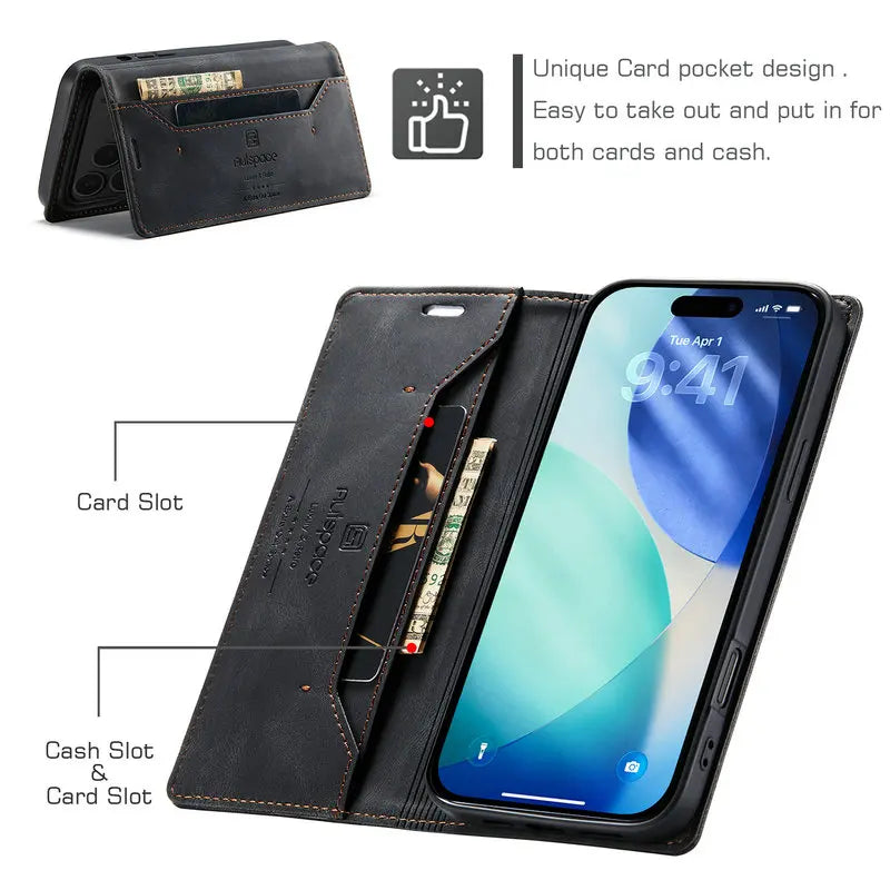 Retro PU Leather Wallet Phone Case | Magnetic Flip, Card & Cash Slot, Shockproof for iPhone