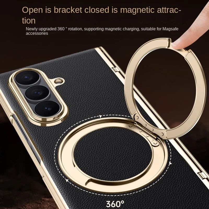 Luxury PU Leather Case for Samsung Galaxy Z Fold 7 | Ring Stand & Magnetic Wireless Charging