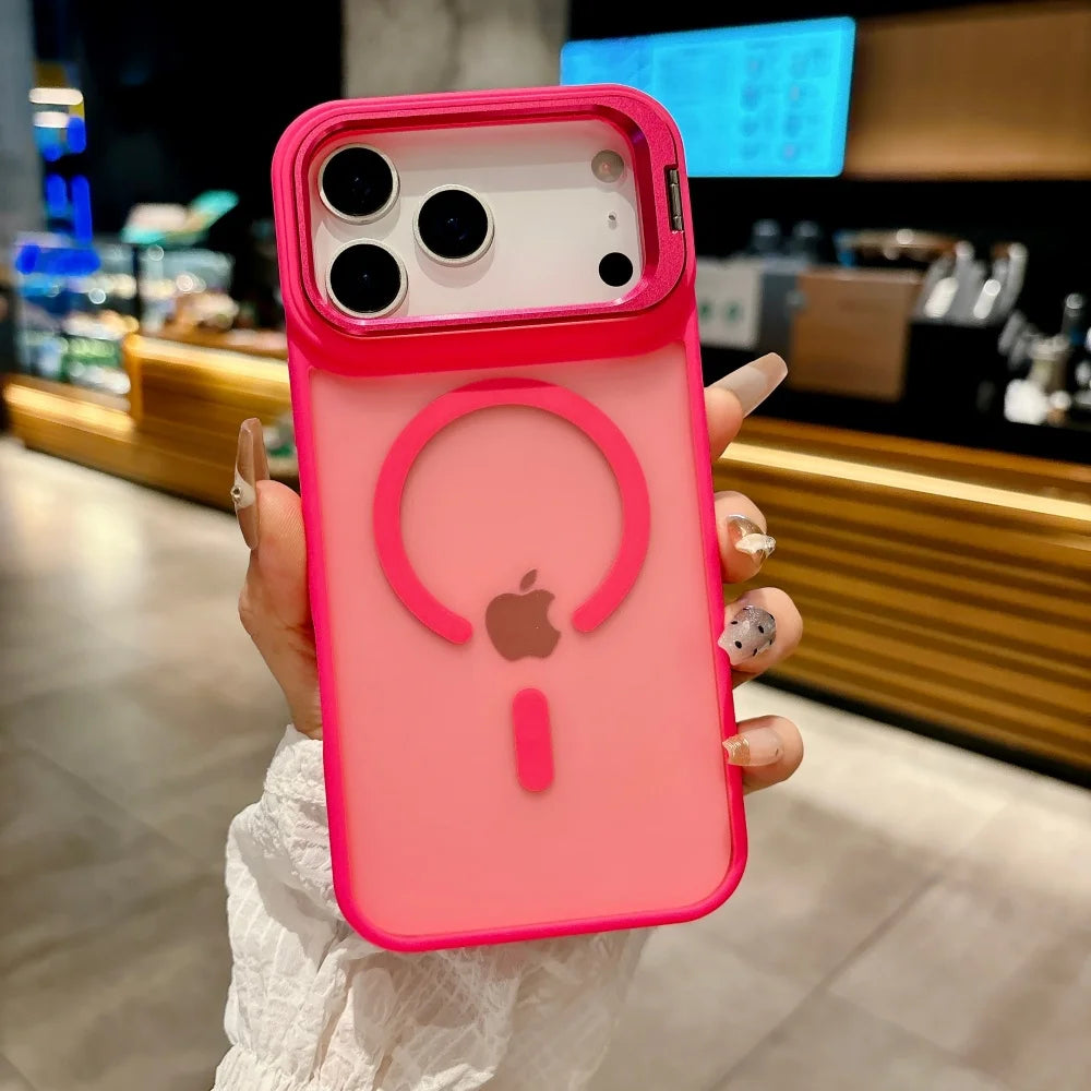 Translucent Matte Magnetic Case for iPhone 11–17 Series | MagSafe Compatible Camera Protector & Metal Stand Cover