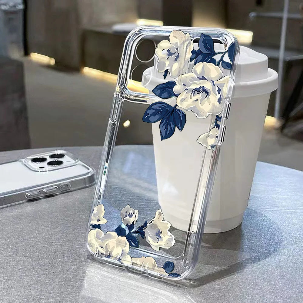 Vintage Floral Transparent Phone Case for iPhone 11–17 Series | Shockproof Soft TPU Clear Ins Flower Cover with Camera Protection