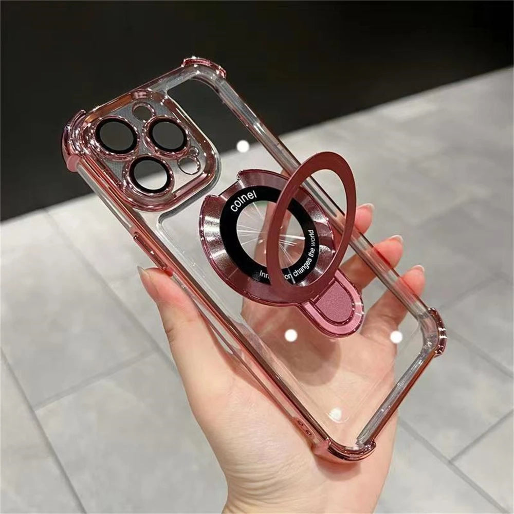 Luxury Plating Transparent Magnetic Case for iPhone 11–17 Series | MagSafe Compatible Ring Holder Cover