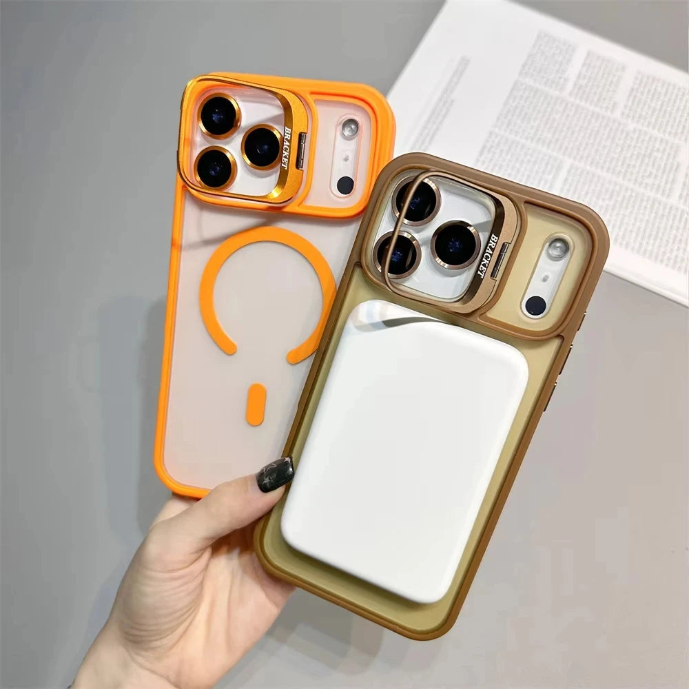 Translucent Matte Phone Case for iPhone 11–17 Series | MagSafe Compatible Camera Stand & Lens Glass Protector