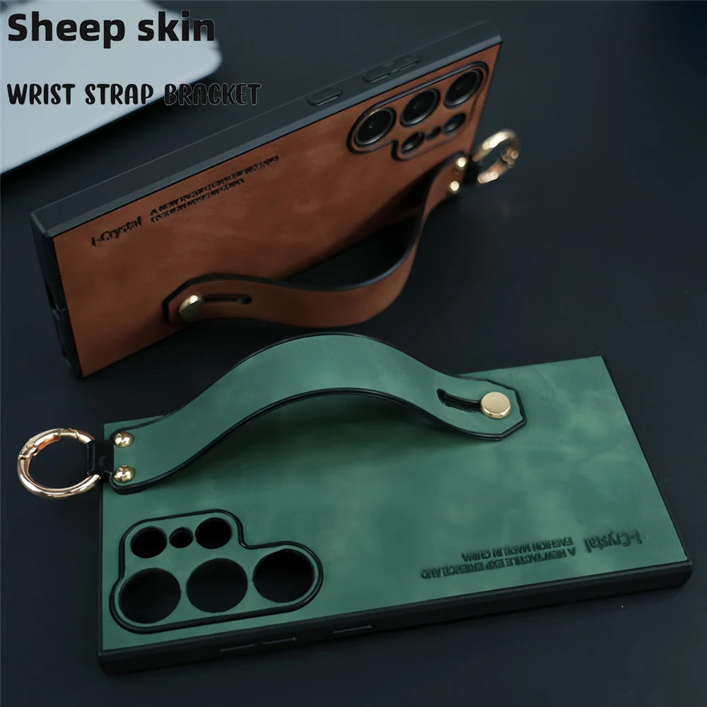Luxury Leather Wristband Bracket Case for Samsung S21-S25 Ultra | Sheepskin Silicone Protector