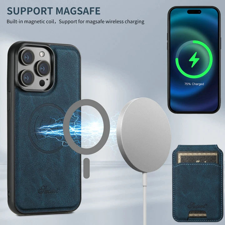 2-in-1 Detachable Magnetic Leather Wallet Case | Shockproof & Wireless Charging Compatible for iPhone