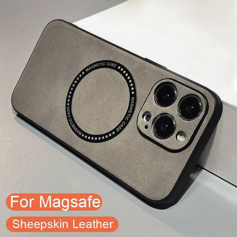 Luxury Sheepskin Magnetic Case for iPhone 11–17 Series | MagSafe Compatible Wireless Charger Cover