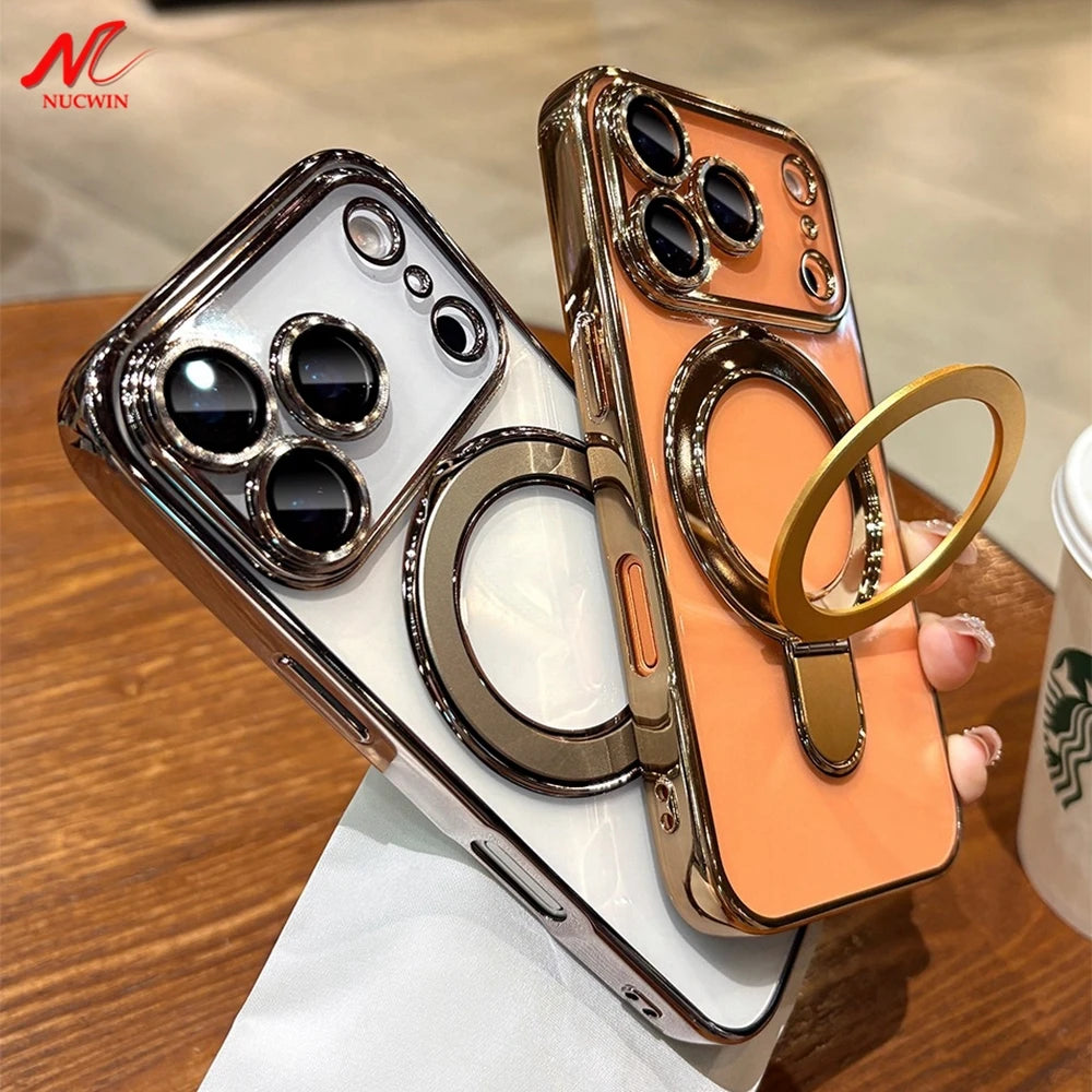 Luxury Transparent Plating Magnetic Case for iPhone 11–17 Series | MagSafe Compatible Ring Stand Cover