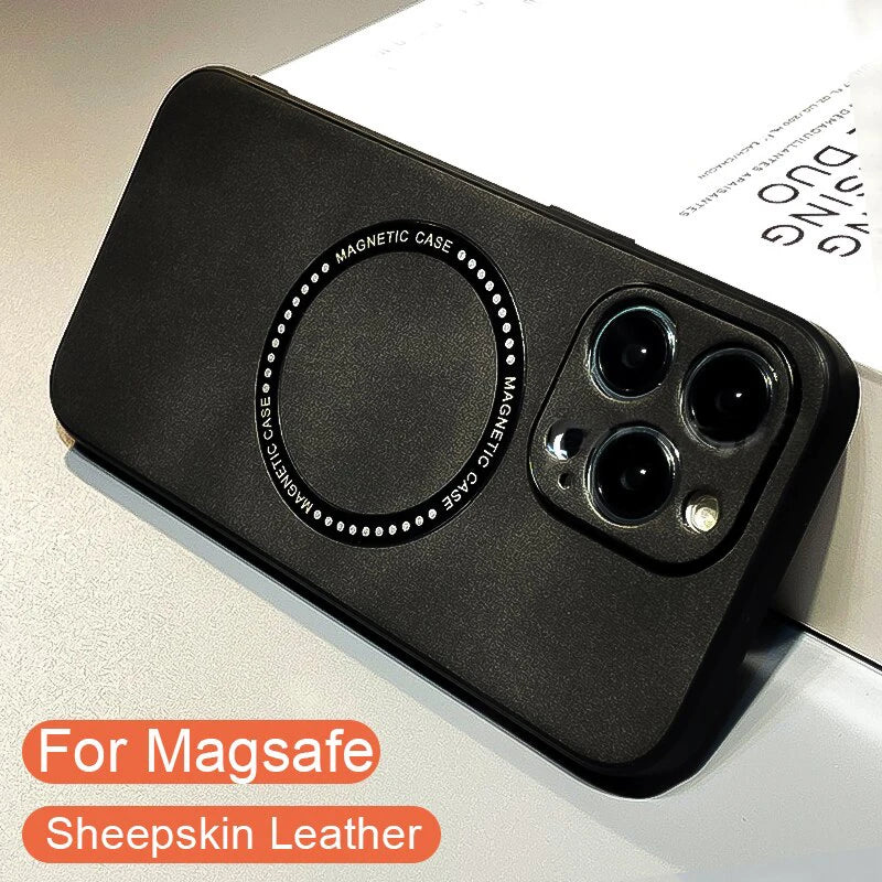 Luxury Sheepskin Magnetic Case for iPhone 11–17 Series | MagSafe Compatible Wireless Charger Cover